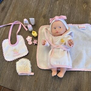 Corolle Bath Baby Doll Robe, Towel, Bib & Wash Mitt Duck Rattle Bottle Pacifier